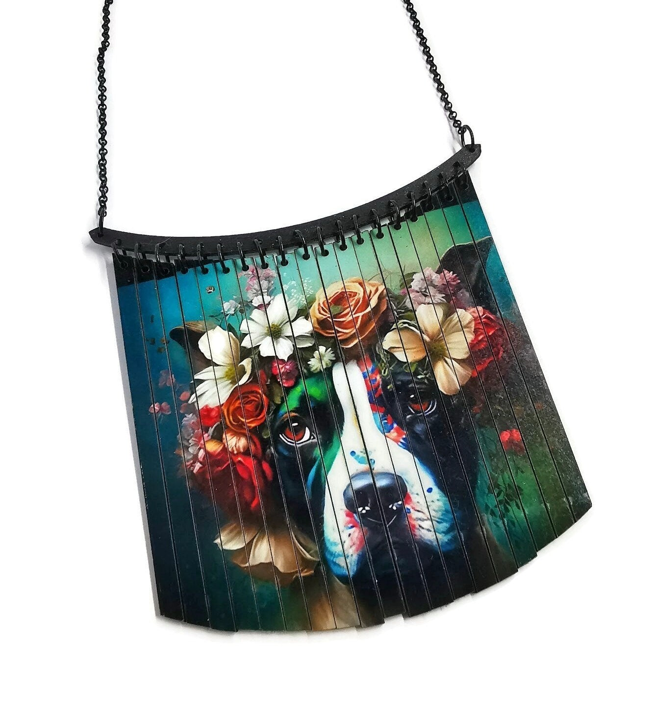 Collier Plastron Chien univers Dia de los Muertos, découpe laser et impression numérique HD, Chien à la couronne de fleurs