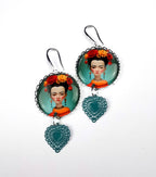 Boucles d'Oreilles esprit Frida Kahlo, illustration, cabochon métal argenté