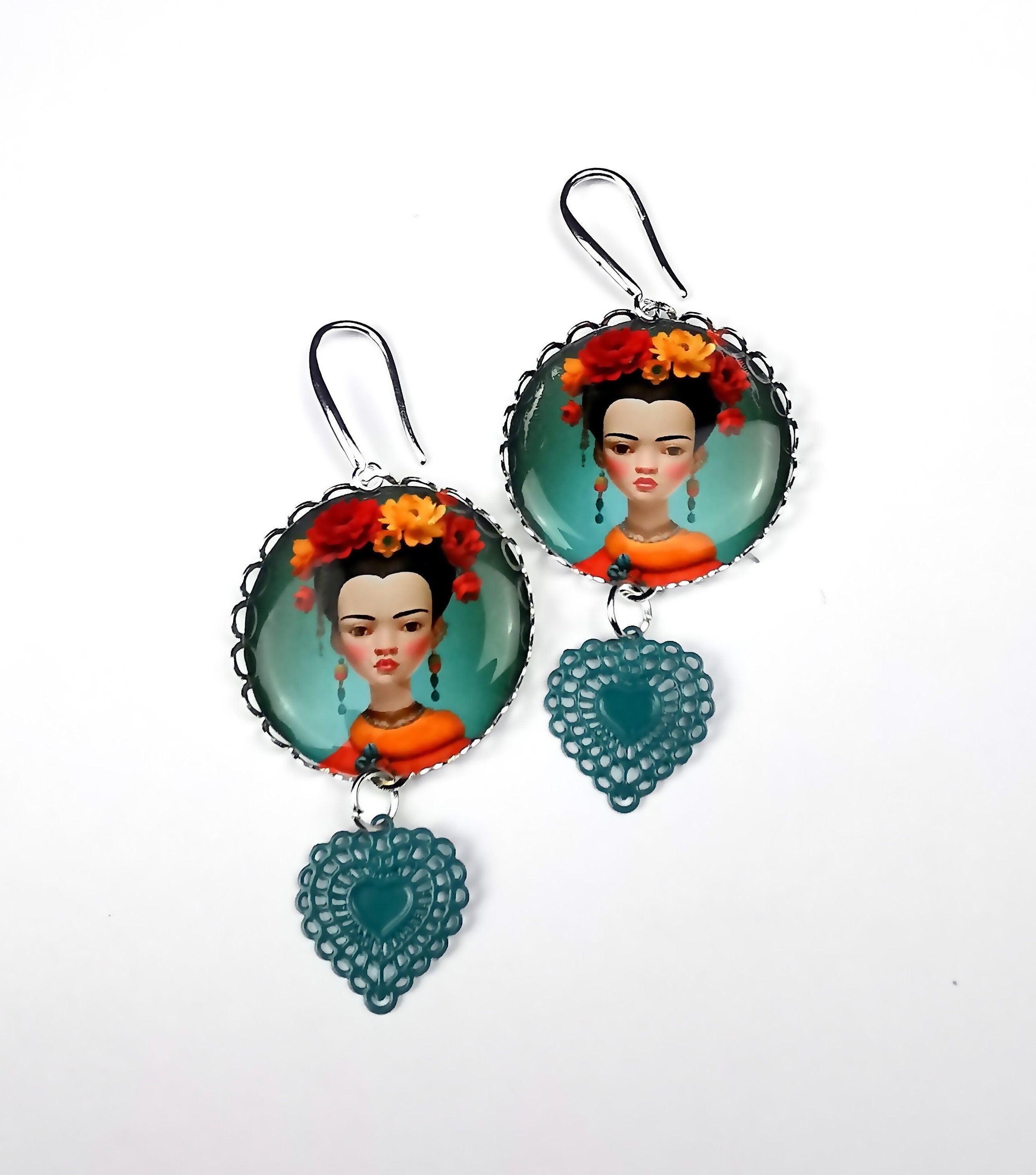 Boucles d'Oreilles esprit Frida Kahlo, illustration, cabochon métal argenté