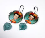 Boucles d'Oreilles esprit Frida Kahlo, illustration, cabochon métal argenté