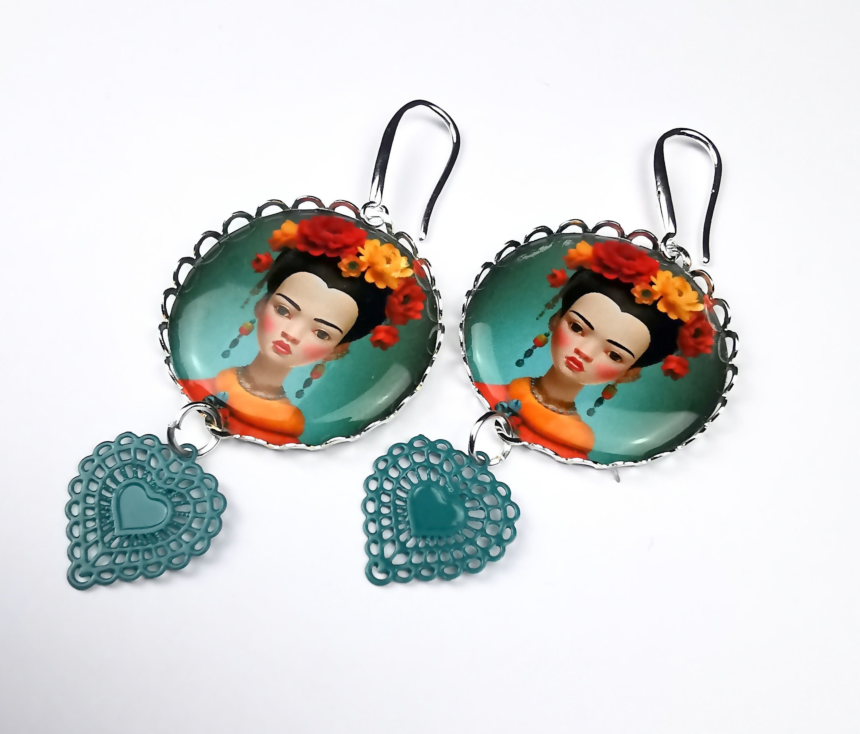 Boucles d'Oreilles esprit Frida Kahlo, illustration, cabochon métal argenté