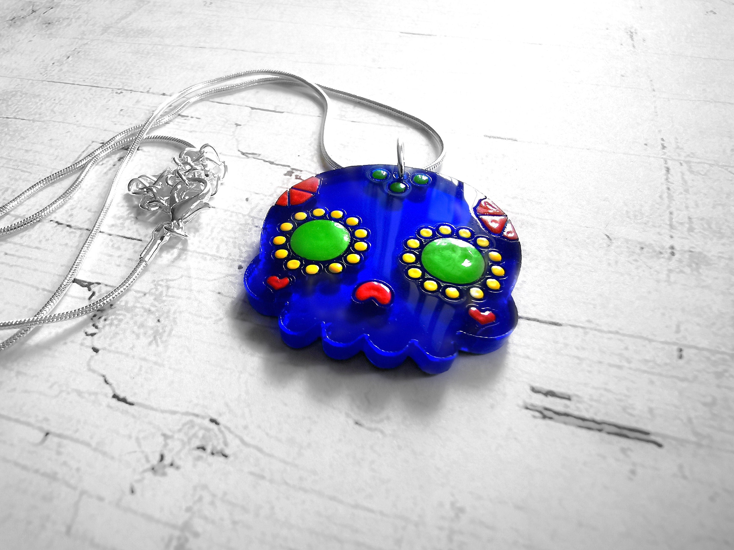 Pendentif Sugar Skull plexi miroir bleu ou plexi noir, émail, dia de los muertos, mexico