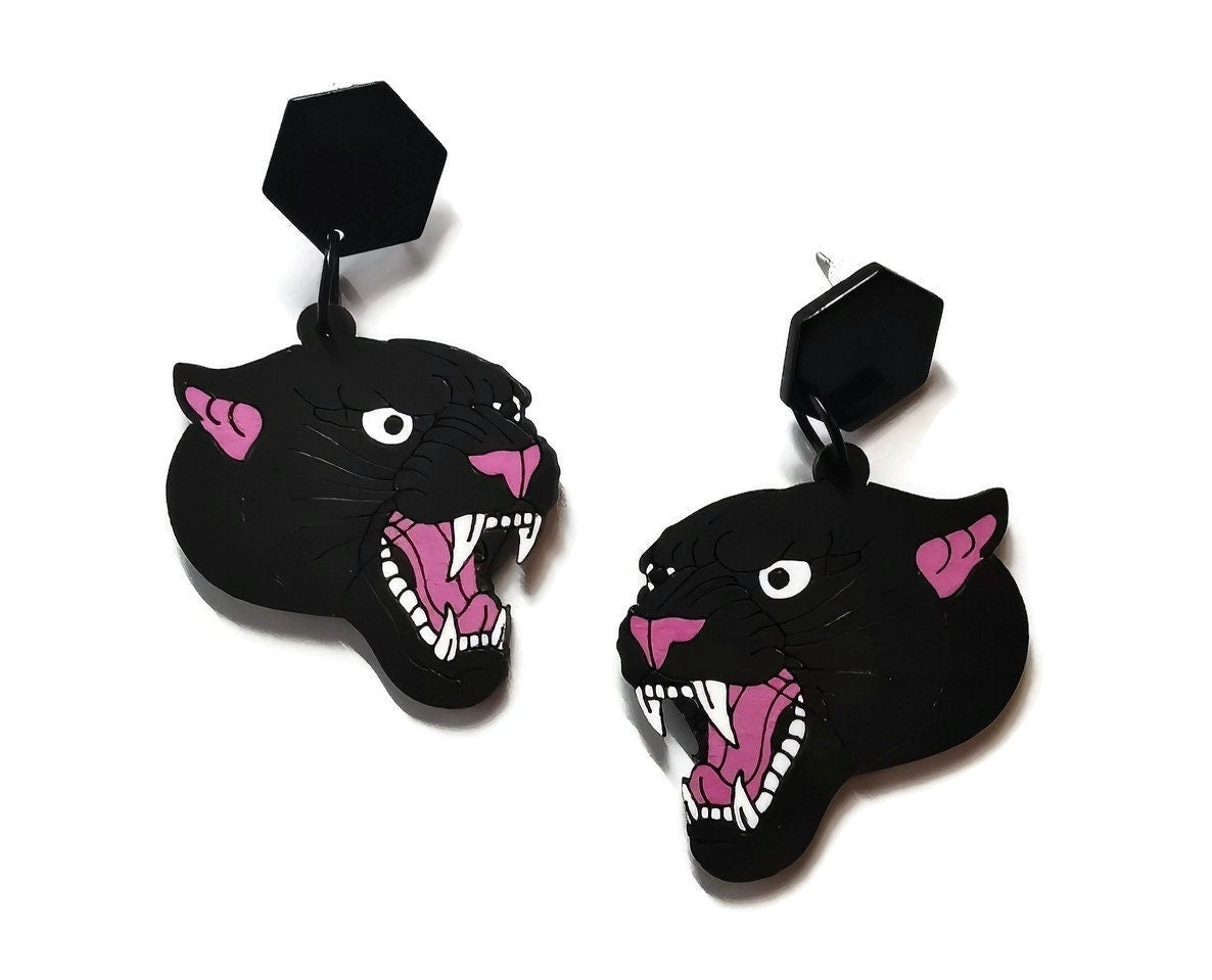 Boucles d'oreilles Panthère Noire, découpe laser sur bois, style tatouage