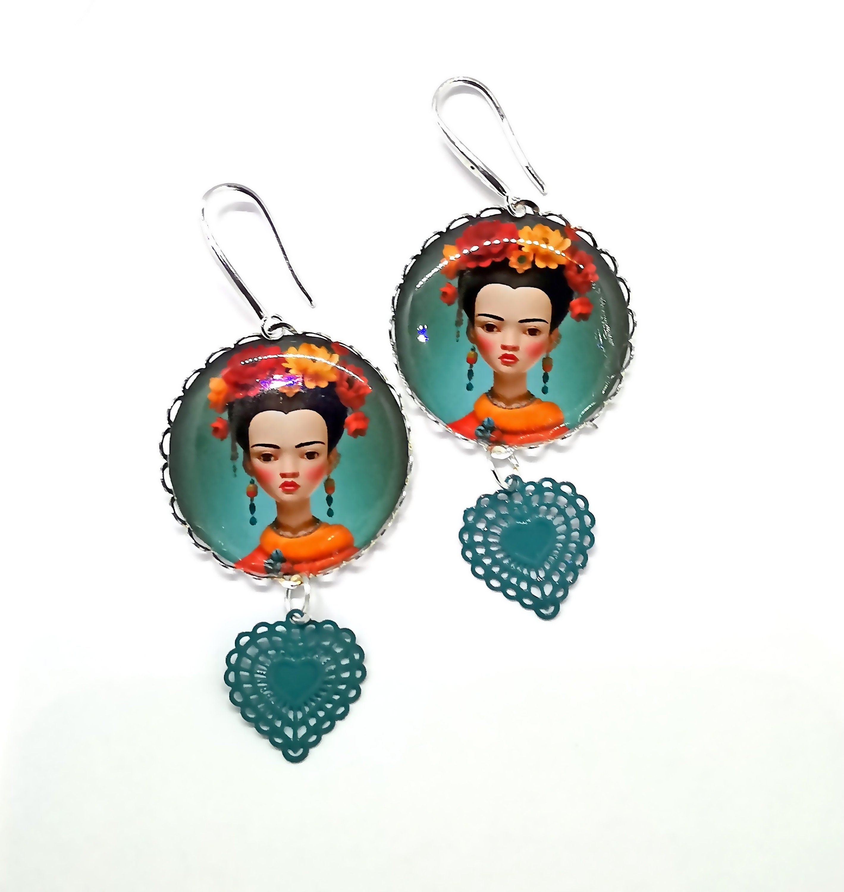Boucles d'Oreilles esprit Frida Kahlo, illustration, cabochon métal argenté