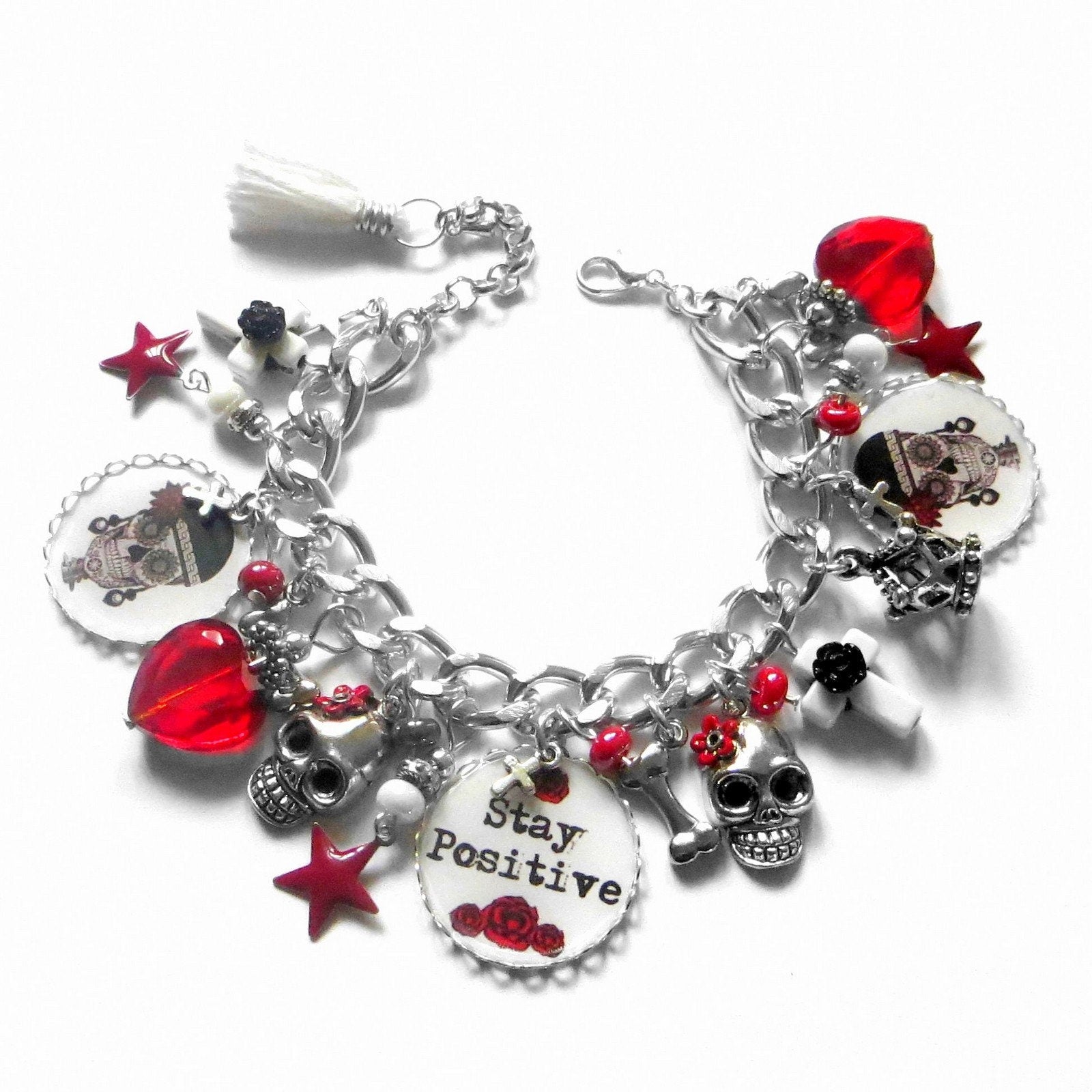 Bracelet Stay Positive, sugar skull rouge et noir, tête de mort gothique, santa muerte