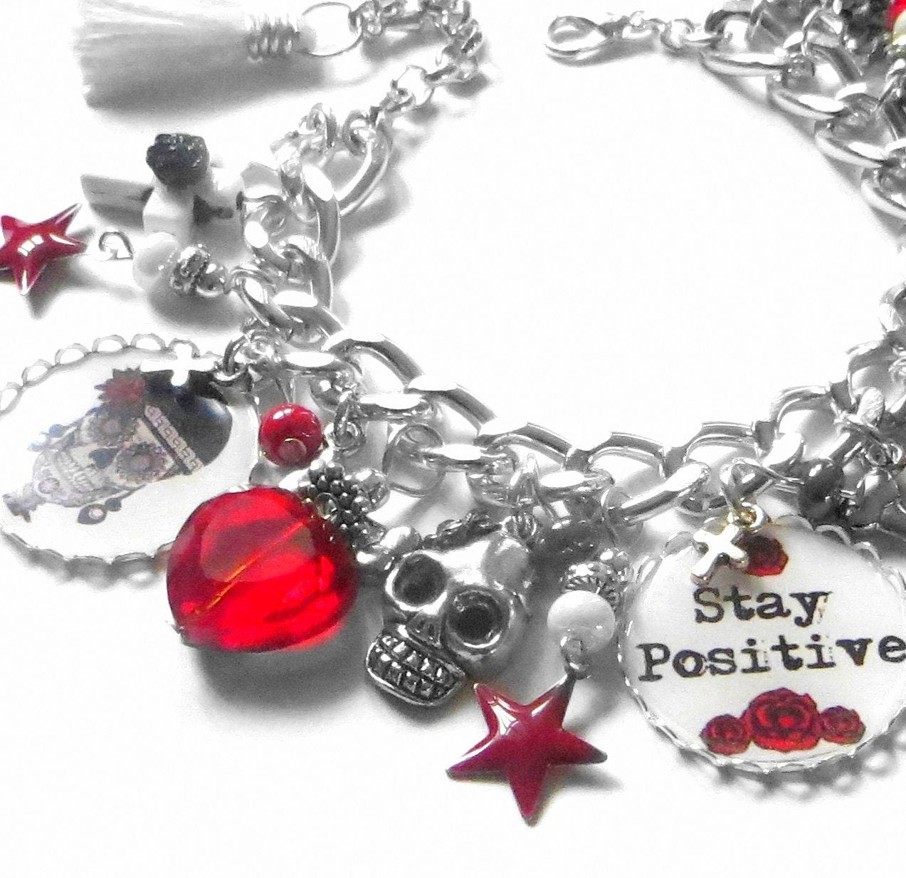 Bracelet Stay Positive, sugar skull rouge et noir, tête de mort gothique, santa muerte