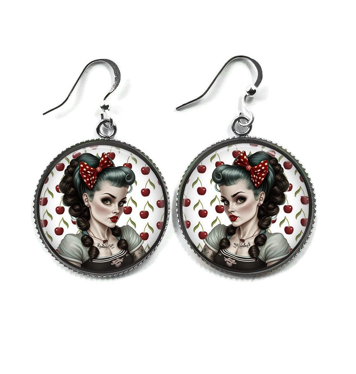 Boucles d'Oreilles Cabochon Pin-Up Rockabilly - Rétro Chic des Années 60