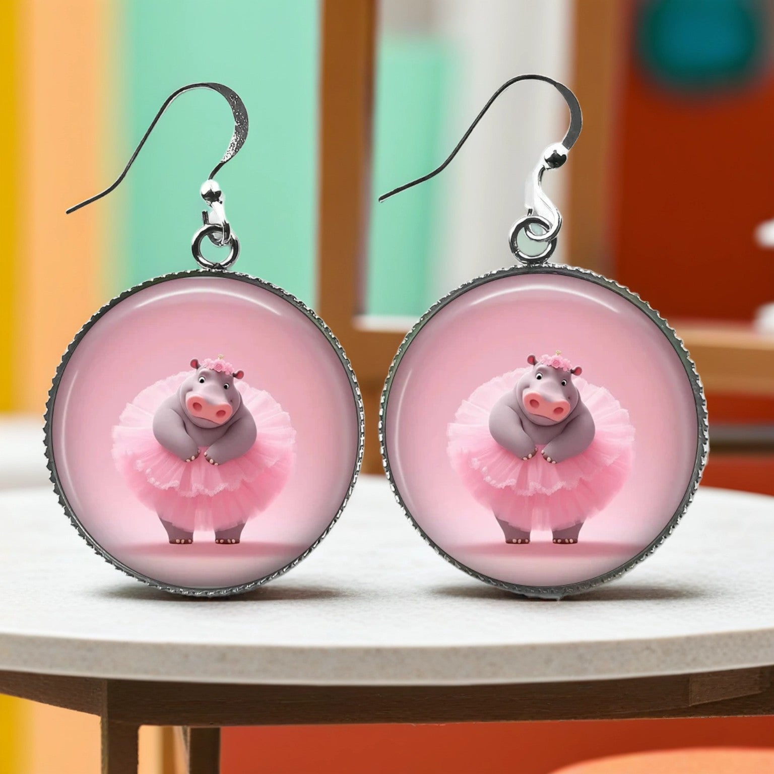 Boucles d'Oreilles Hippo Ballerine Tutu Rose | Bijoux Décalés Originaux | Cadeau Humour Femme | Cabochon Résine