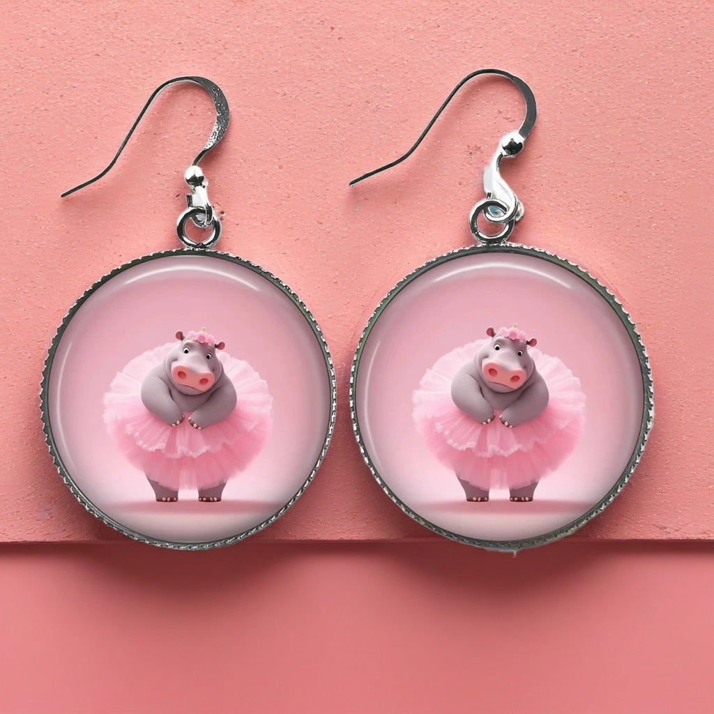 Boucles d'Oreilles Hippo Ballerine Tutu Rose | Bijoux Décalés Originaux | Cadeau Humour Femme | Cabochon Résine