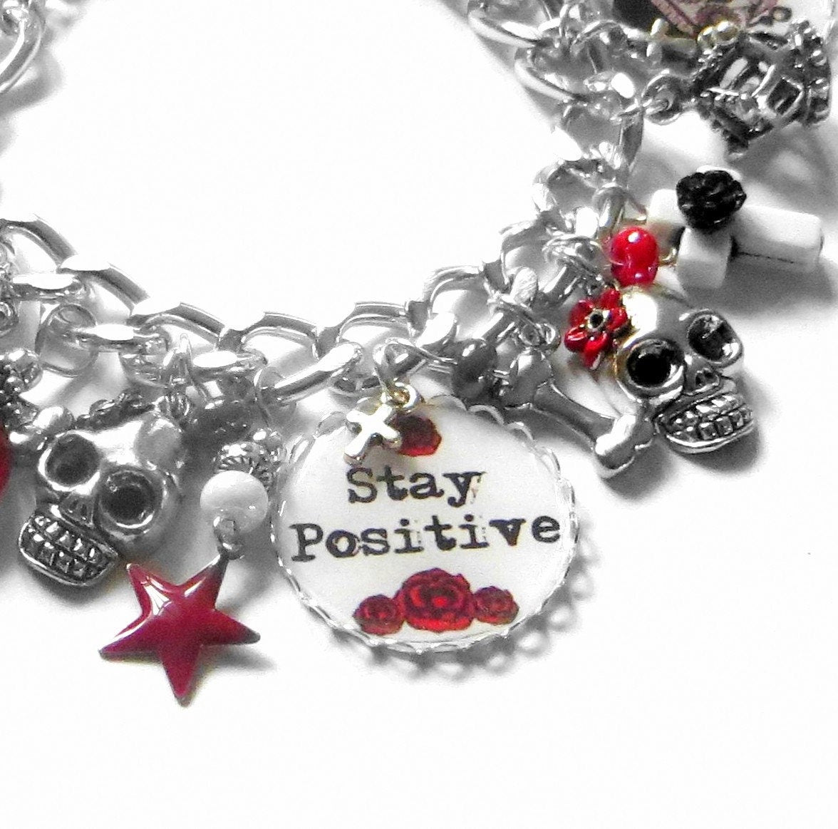Bracelet Stay Positive, sugar skull rouge et noir, tête de mort gothique, santa muerte