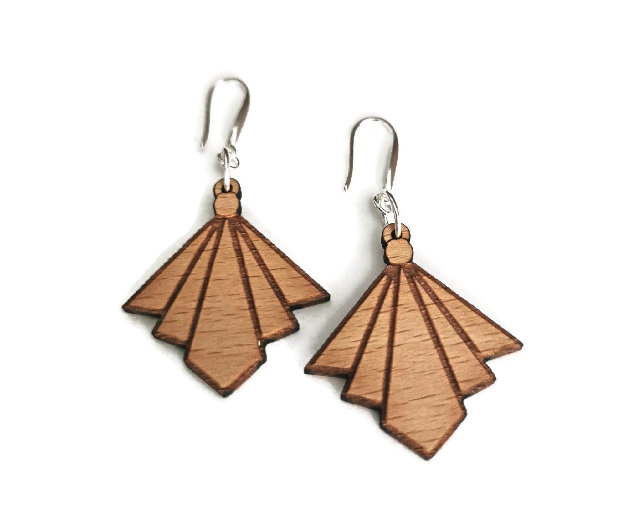 Art Deco Laser-Cut and Engraved Wooden Stud Earrings for a Trendy Statement