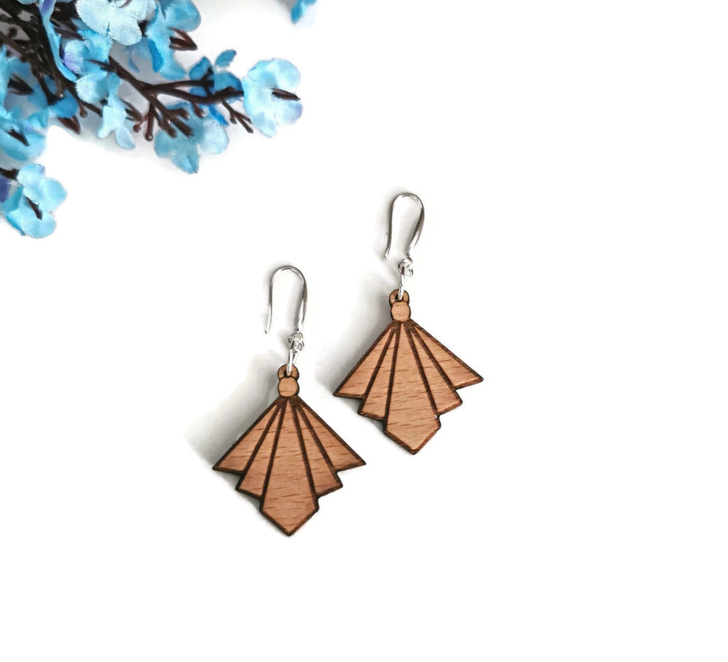 Art Deco Laser-Cut and Engraved Wooden Stud Earrings for a Trendy Statement