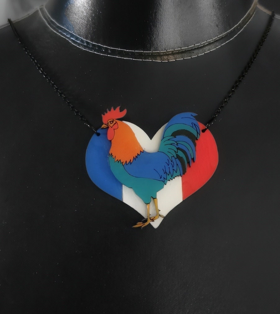 Pendentif Coq Gaulois sur Coeur tricolore, découpe de bois