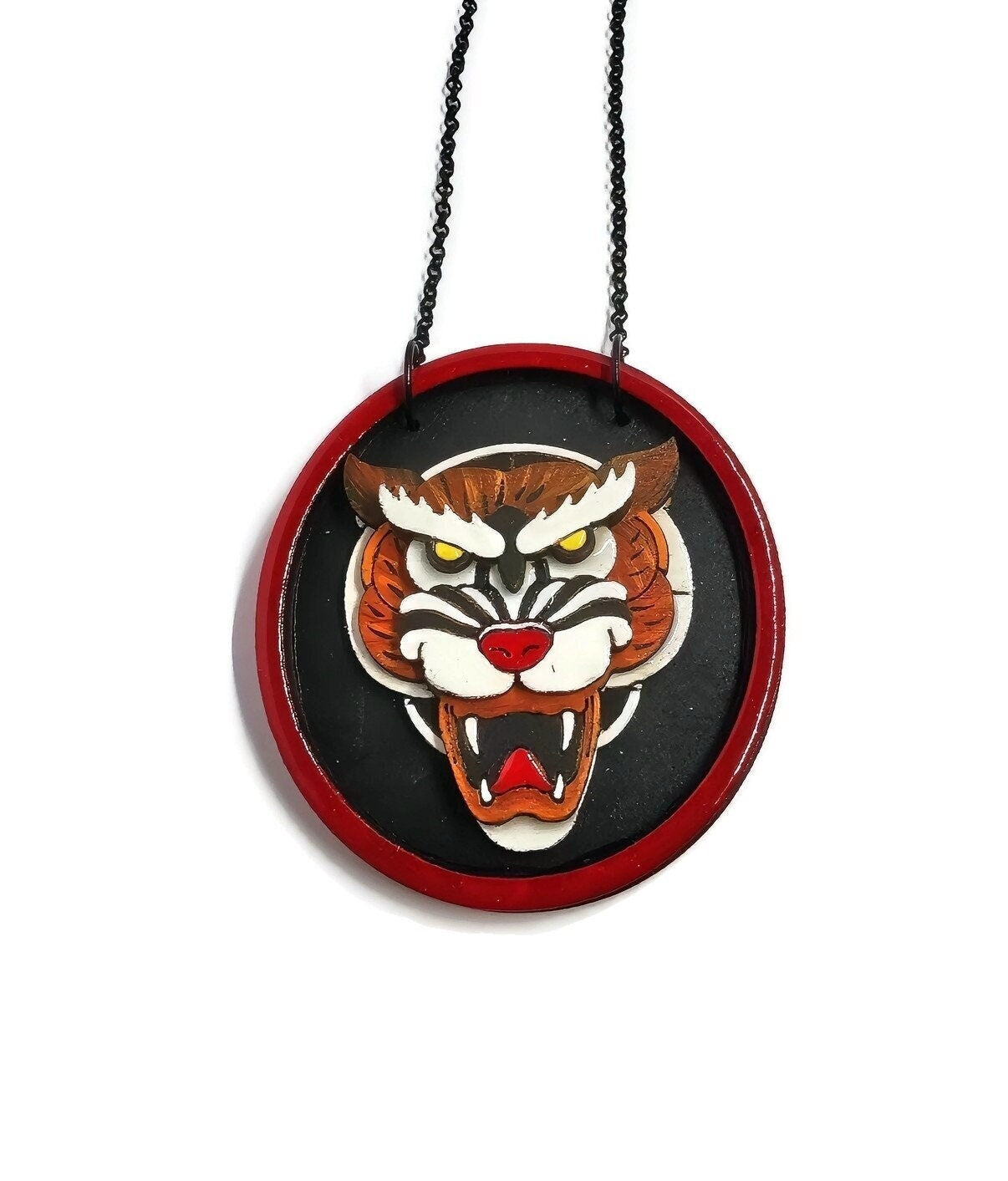 Pendentif Tigre Tattoo, Bois, en 3D et découpe laser, peinture, résine, tatouage old school, vintage
