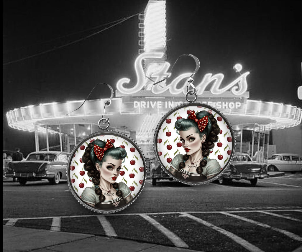 Boucles d'Oreilles Cabochon Pin-Up Rockabilly - Rétro Chic des Années 60