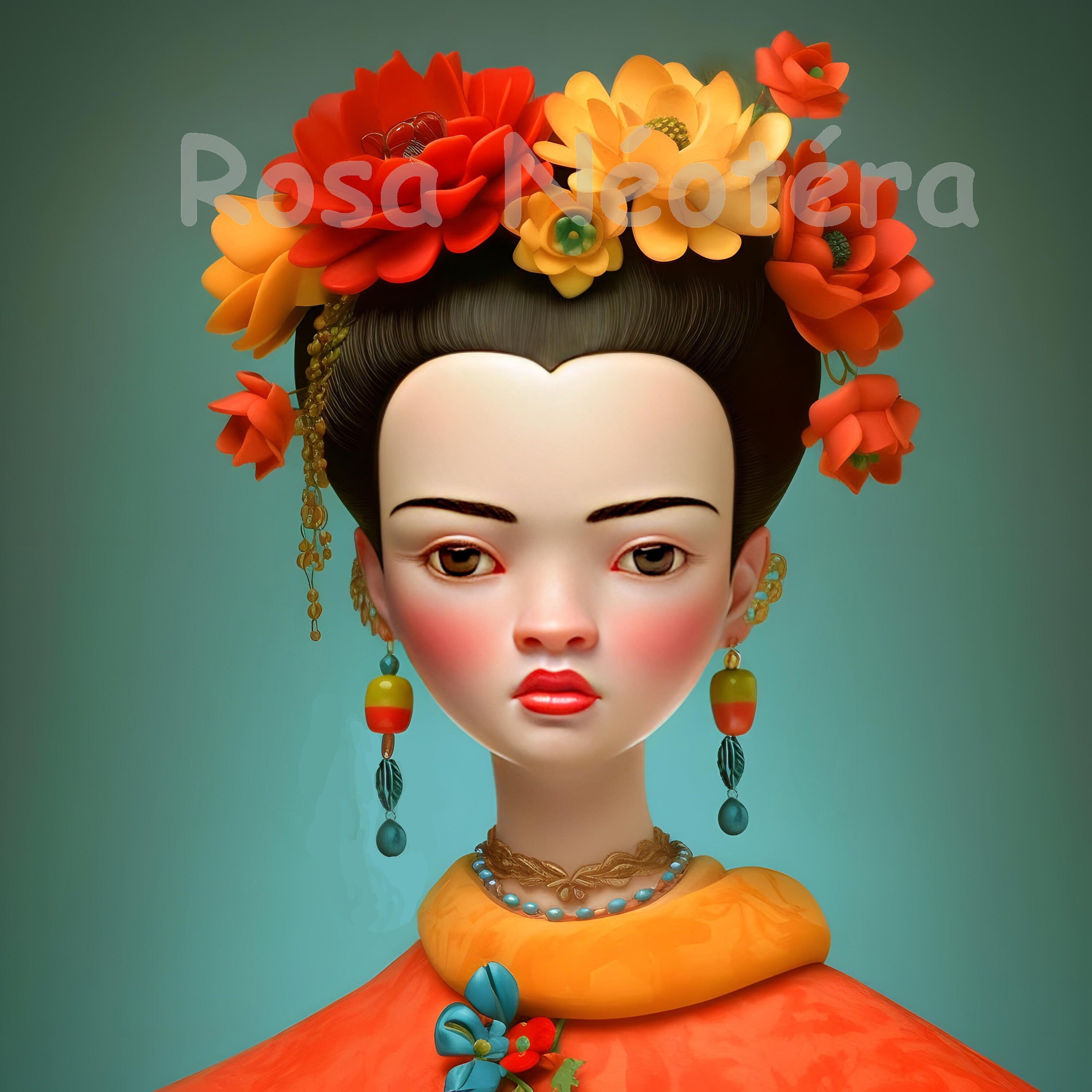 Boucles d'Oreilles esprit Frida Kahlo, illustration, cabochon métal argenté