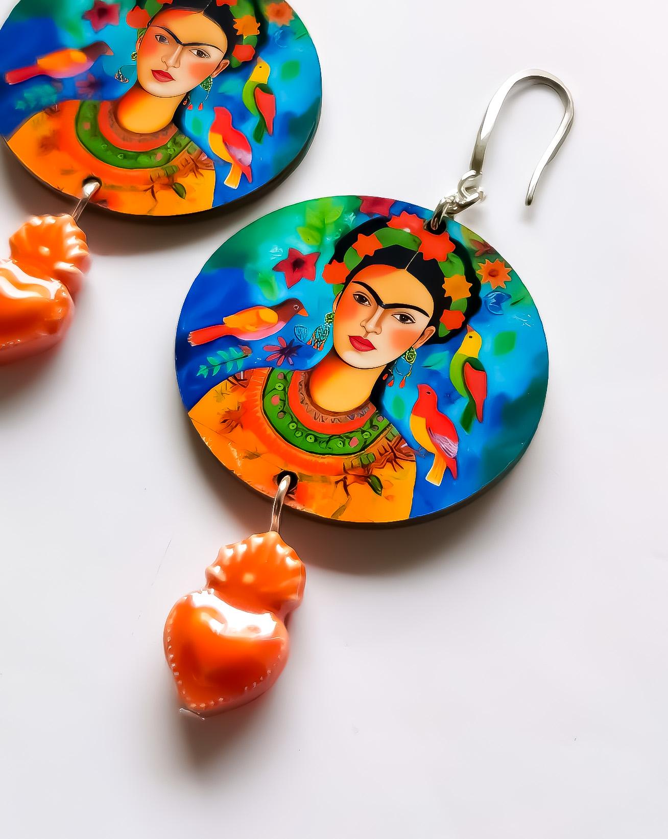 Boucles d'oreilles Frida Kahlo uniques – Art IA sur Bois, Découpe Laser, Coeur Sacré