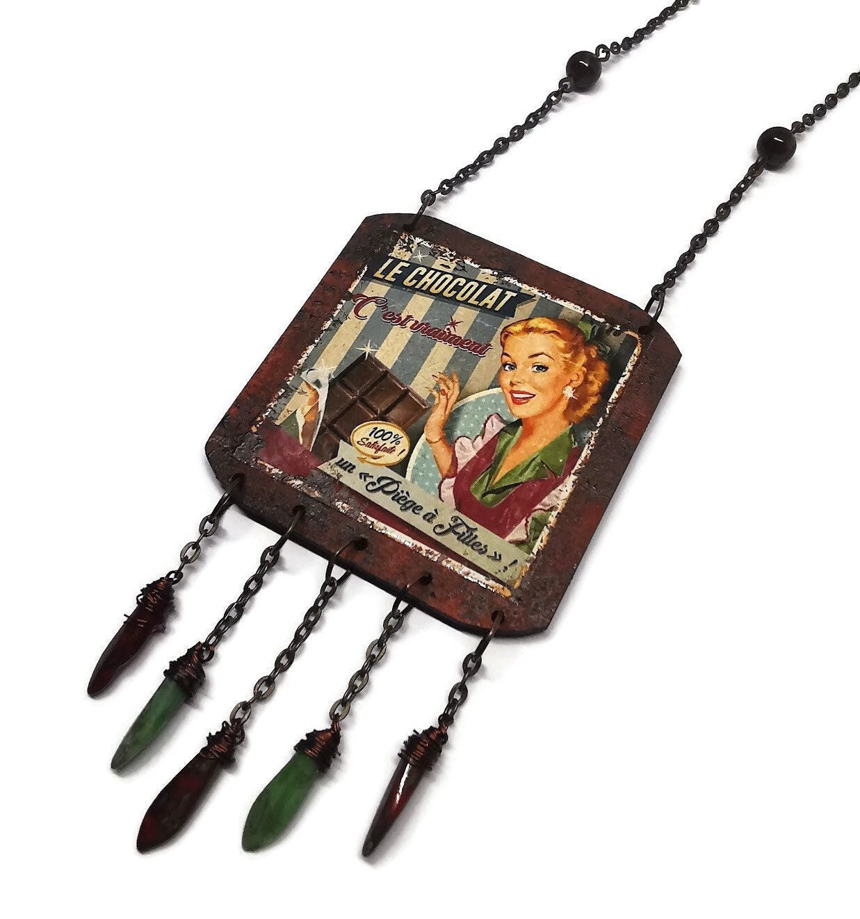 Pendentif ancienne plaque émaillée Vintage, j'aime le chocolat, effet vieilli et rouillé