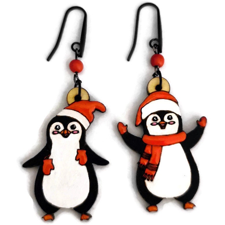 Boucles d'Oreilles Pingouins, bois de Tilleul, découpe et gravure laser du bijou de noel