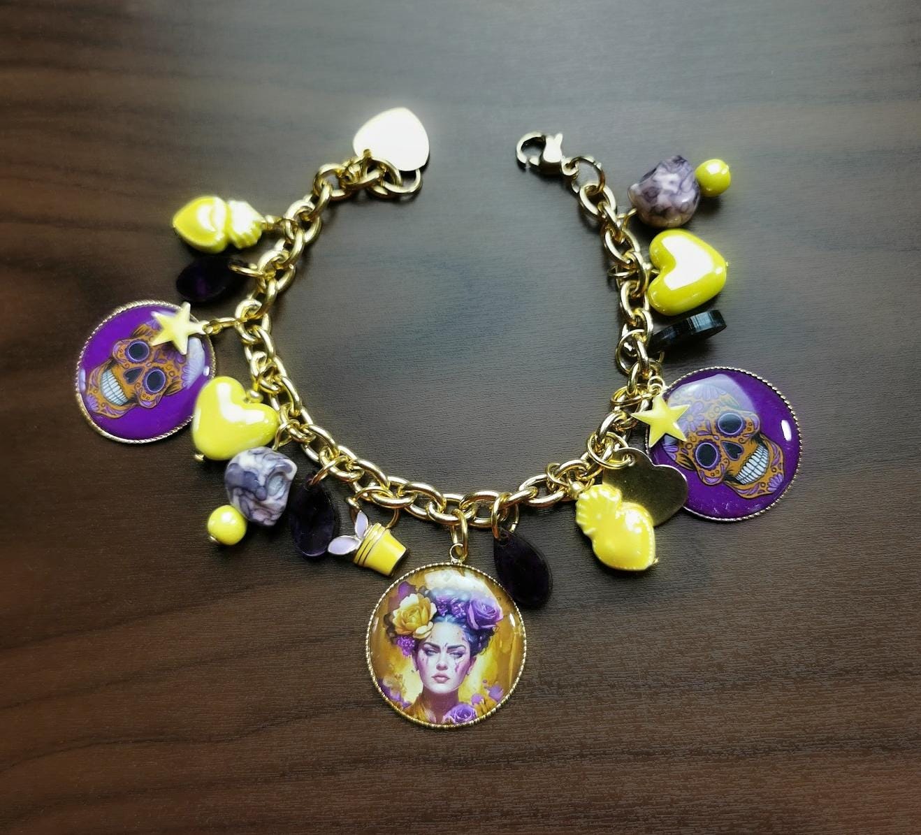 Bracelet Charms Frida Kahlo - Bijou Art Mexicain - Jaune et Violet