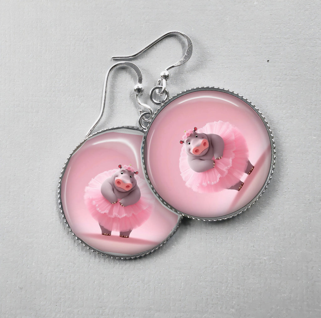 Boucles d'Oreilles Hippo Ballerine Tutu Rose | Bijoux Décalés Originaux | Cadeau Humour Femme | Cabochon Résine