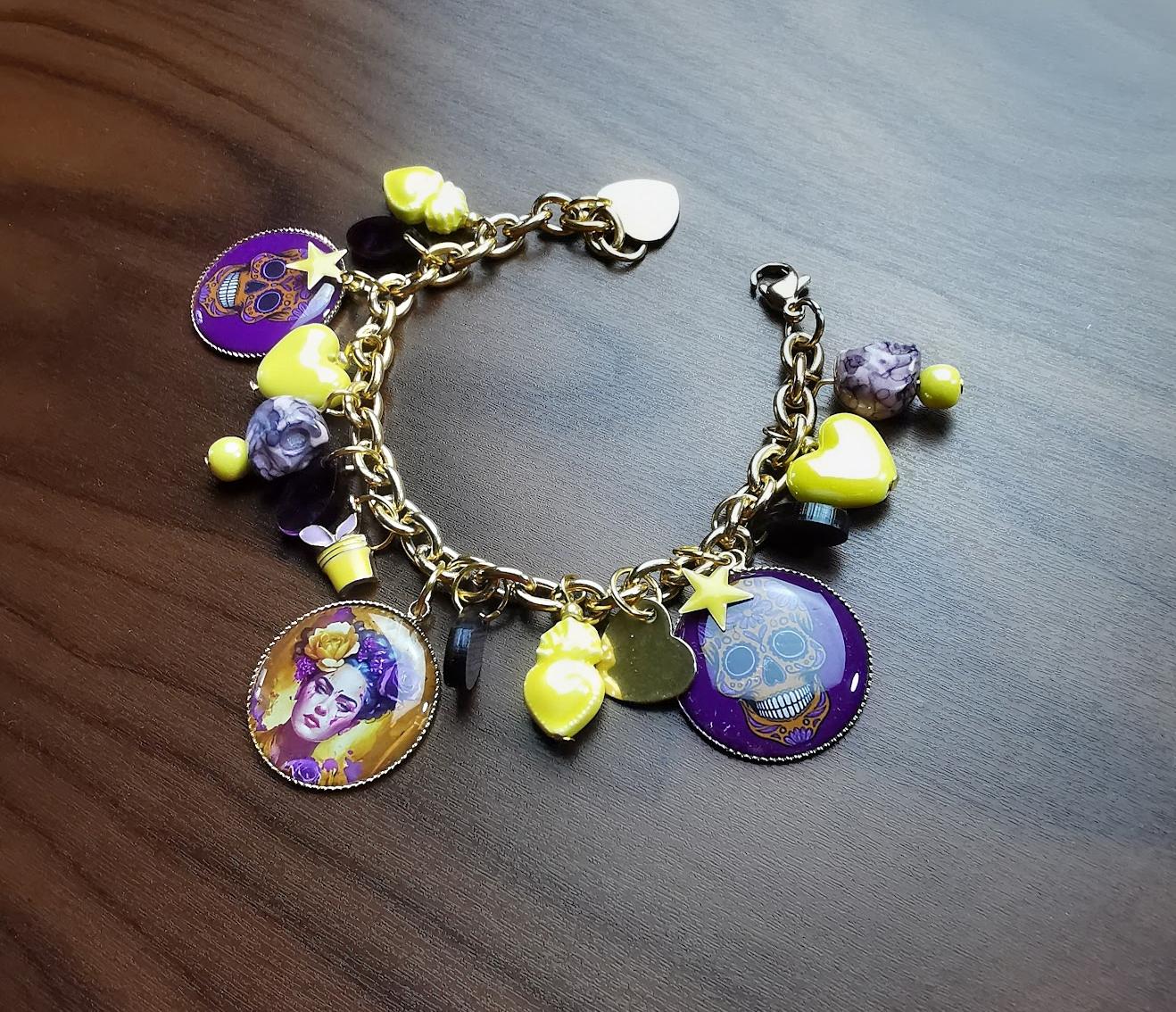 Bracelet Charms Frida Kahlo - Bijou Art Mexicain - Jaune et Violet