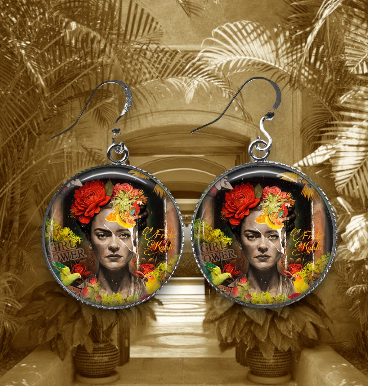 Boucles d'Oreilles Cabochon Style Graffiti - Hommage Floral à l'Artiste Iconique