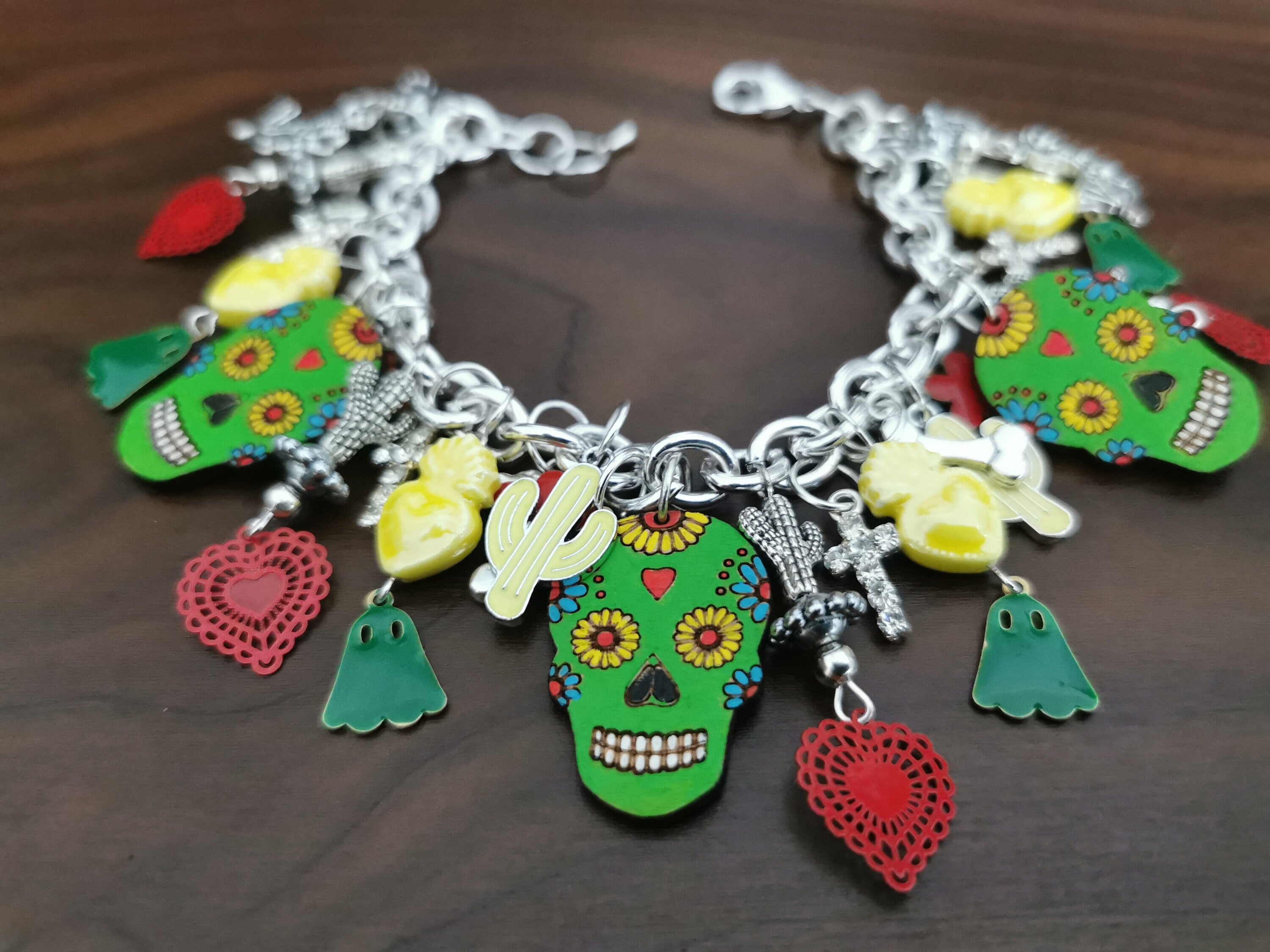 Bracelet argent 925, breloques Sugar Skull, transformable en collier