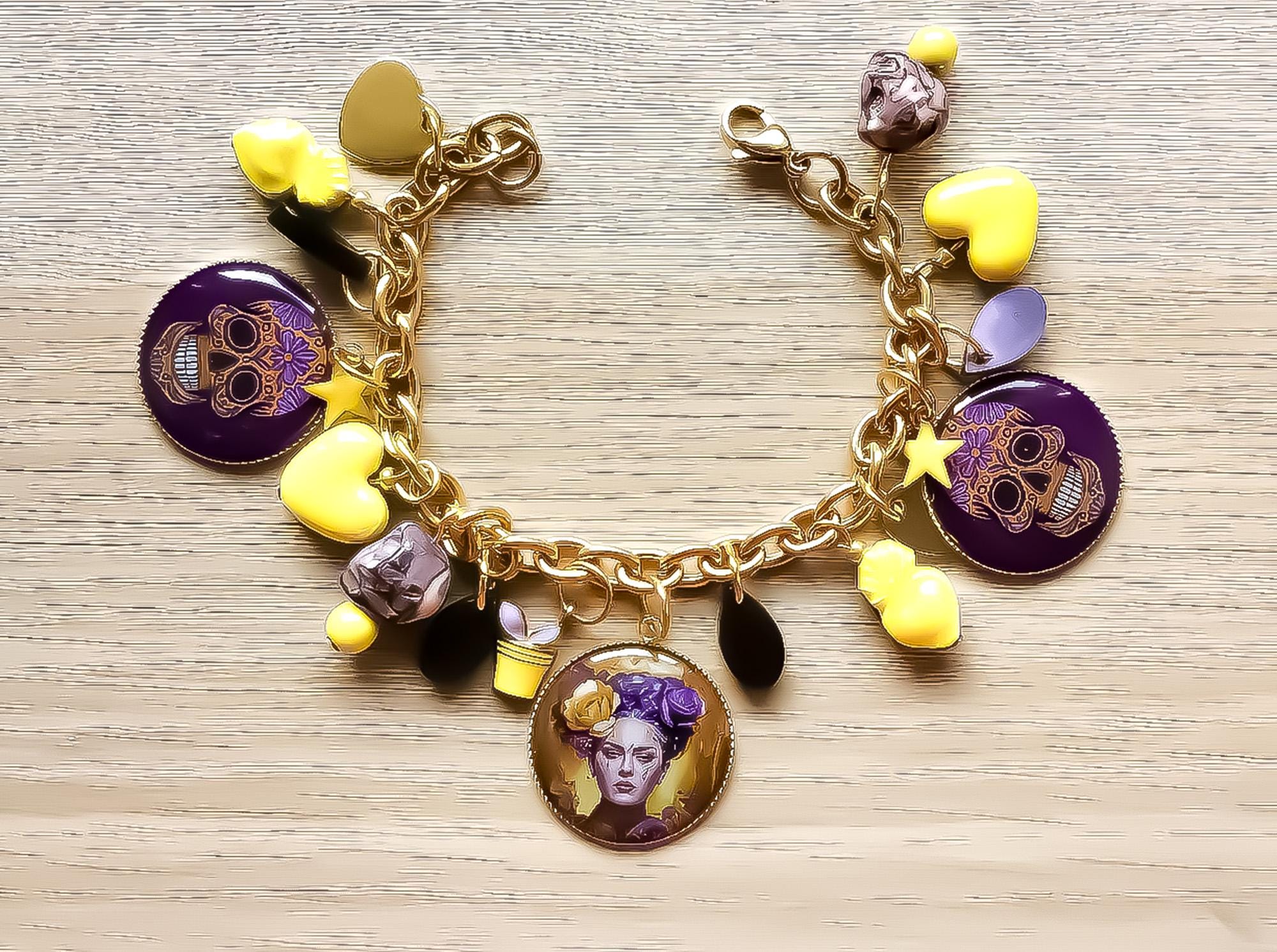 Bracelet Charms Frida Kahlo - Bijou Art Mexicain - Jaune et Violet