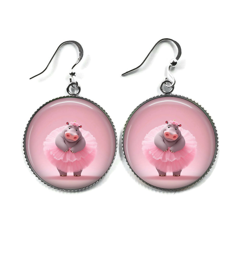 Boucles d'Oreilles Hippo Ballerine Tutu Rose | Bijoux Décalés Originaux | Cadeau Humour Femme | Cabochon Résine