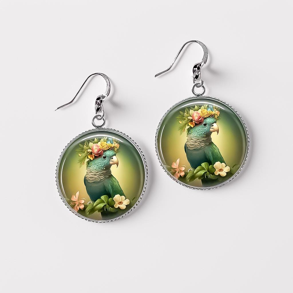 Boucles d'oreilles Perroquet Tropical - Bijoux Perroquet Fleur Couronne Argent