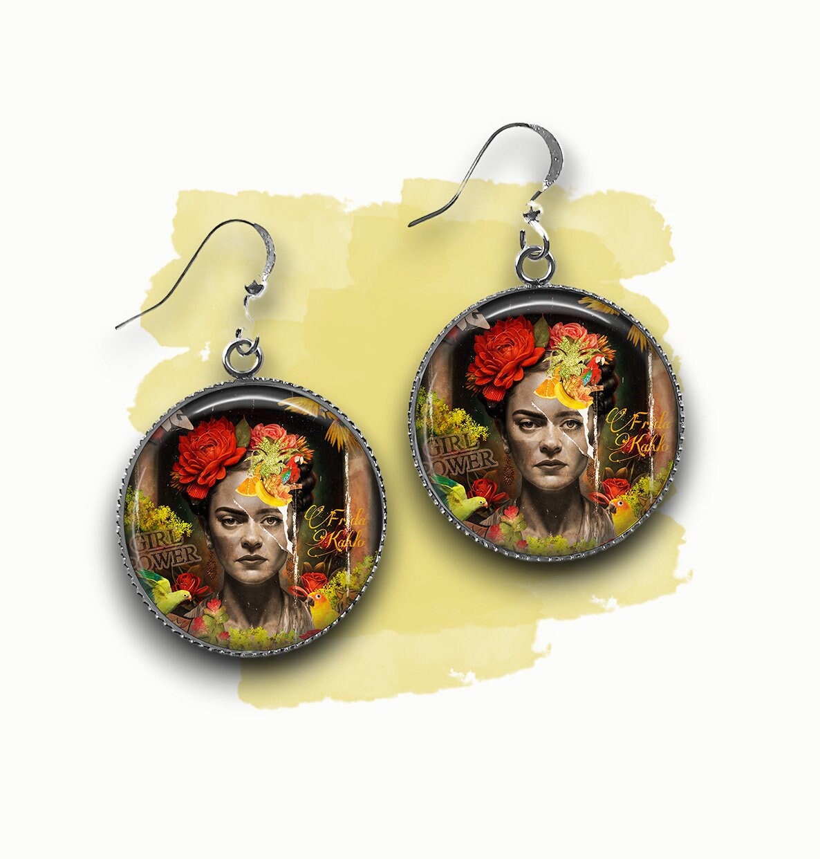 Boucles d'Oreilles Cabochon Style Graffiti - Hommage Floral à l'Artiste Iconique