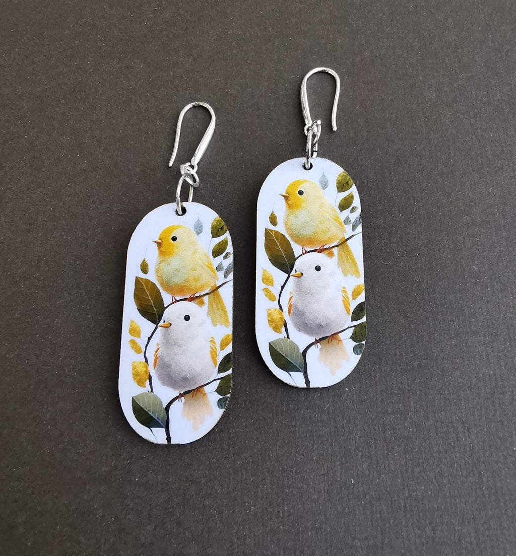 Boucles d'oreilles Petits Oiseaux sur une branche, illustration et découpe laser