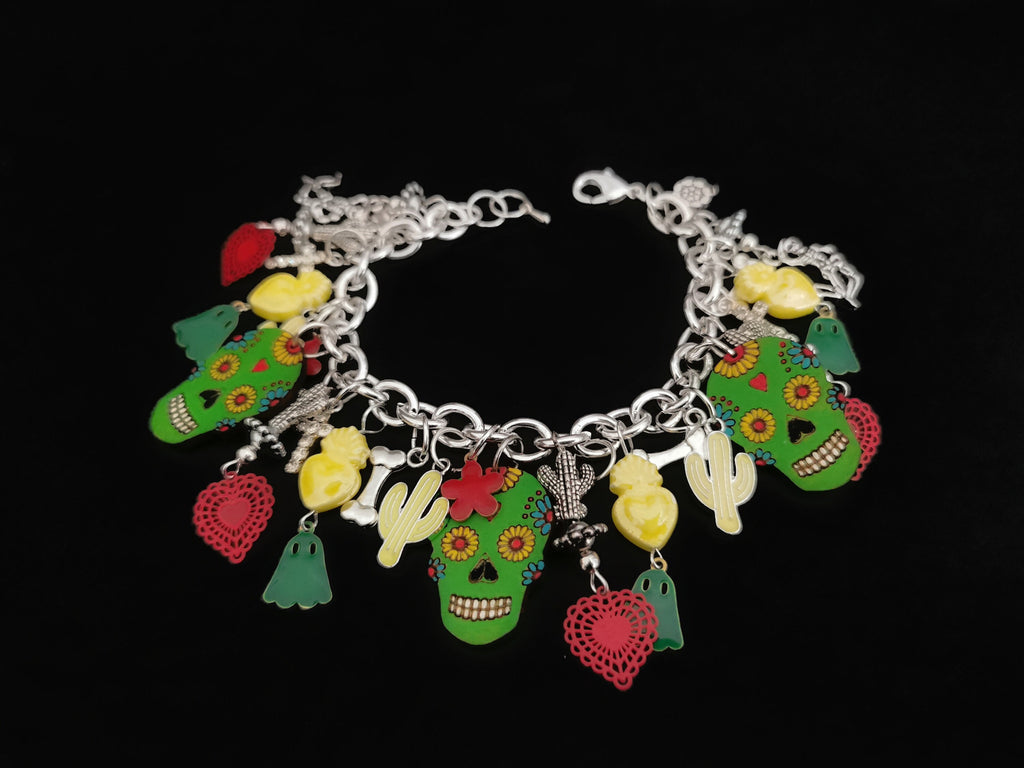 Bracelet argent 925, breloques Sugar Skull, transformable en collier